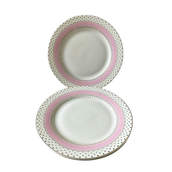 NEW Grace Teaware Fine Porcelain Salad Plates 8" Pink White Gold Dots Set of 4 - Picture 2 of 15